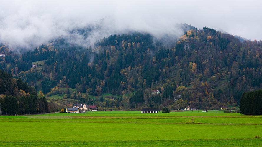 Abbildung Wiese mit Bergen und Wolken im Hintergrund 